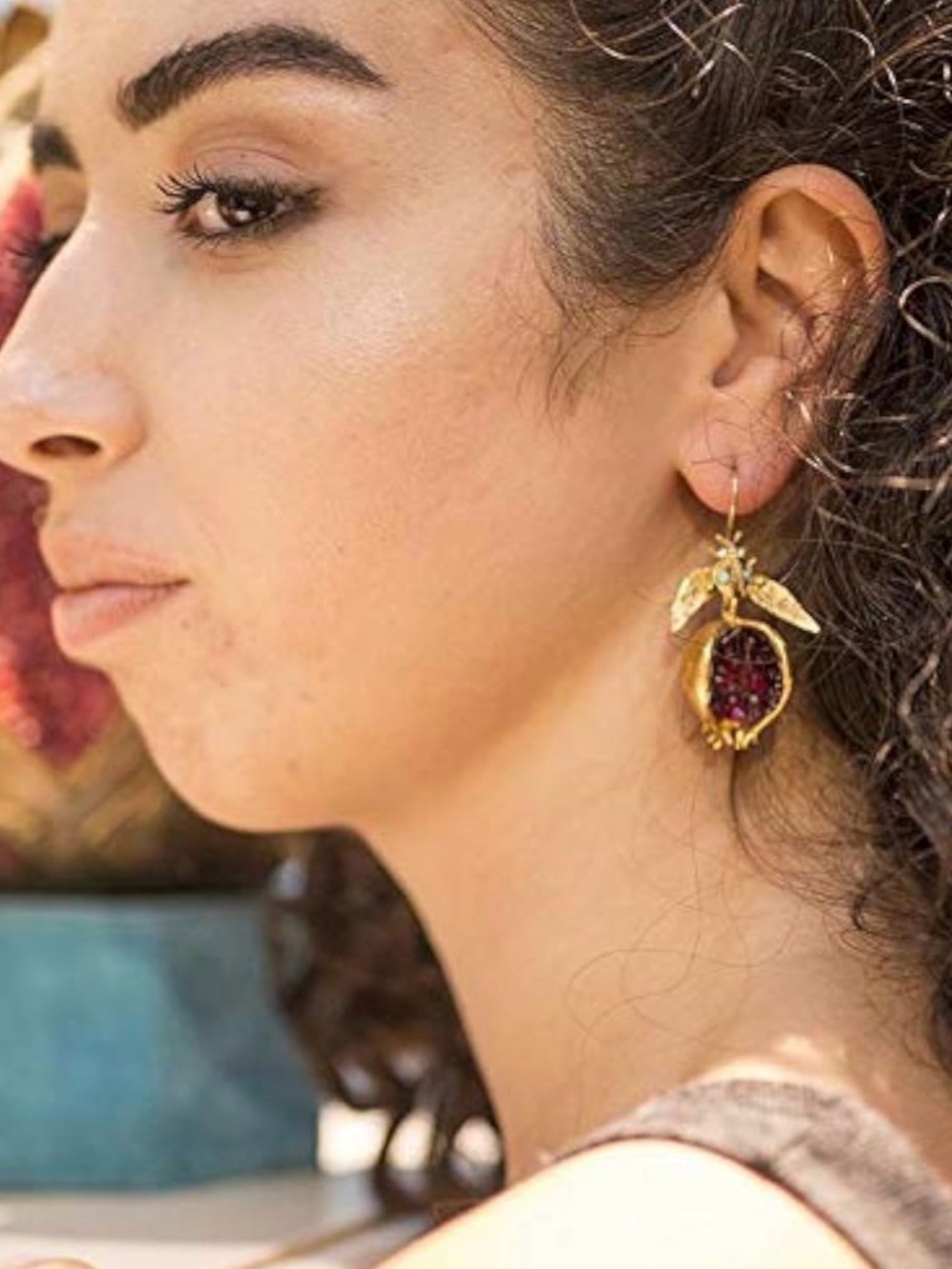 Gold Pomegranate Earrings Red Gemstone Statement Dangles - Picture 3 of 7